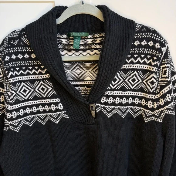 Lauren Ralph Lauren Sweater Women 2X Black White Fair Isle Toggle Shawl Collar - Picture 2 of 7